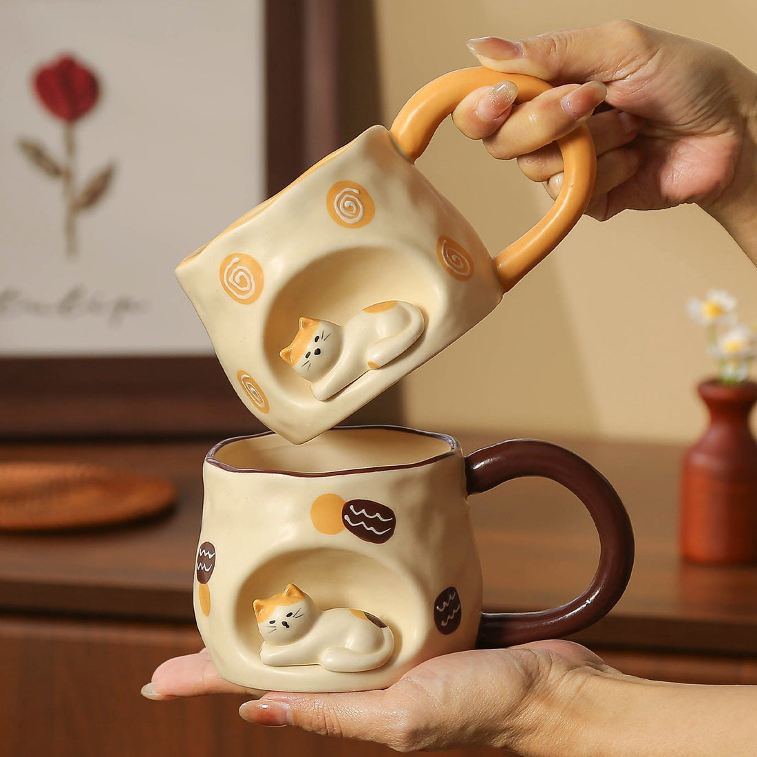 Handmade Sleeping Cat Nook Ceramic Mug – 350ml