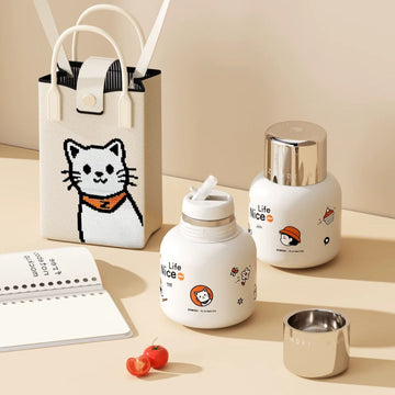 "Màn" Insulated Water Bottle with Cup Lid & Knitted Carry Bag | 460ml Stainless Steel Travel Bottle