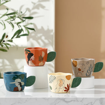 Hand-Painted Ceramic Mug with Sculpted Leaf Handle & Artistic Face Design