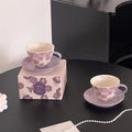 Purple floral ceramic tea cup and saucer set with matching gift box, elegant tableware for morning rituals